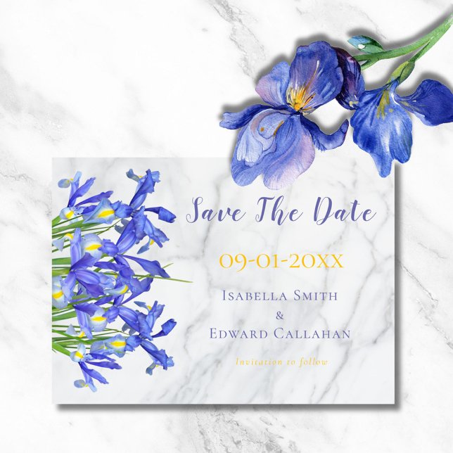 Reserve A Data Elegante Íris Floral Azul em Mármore em Aquarela (Criador carregado)
