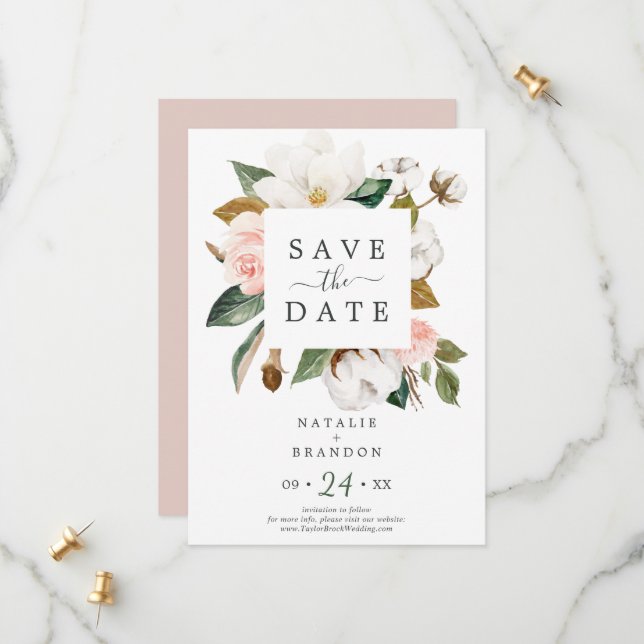 Reserve A Data Elegante Magnolia | White Save the Date Card (Frente/Verso In Situ)