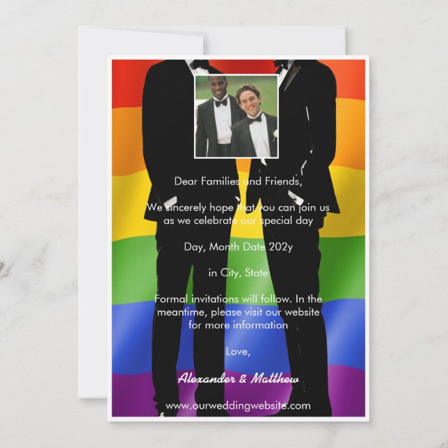 Reserve A Data Elegante Modern Gay Men Foto Casada Rainbow (Verso)