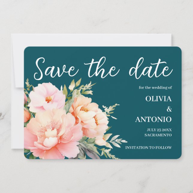 Reserve A Data Elegante Moderno Peônia em Aquarela Floral Azul Tu (Frente)