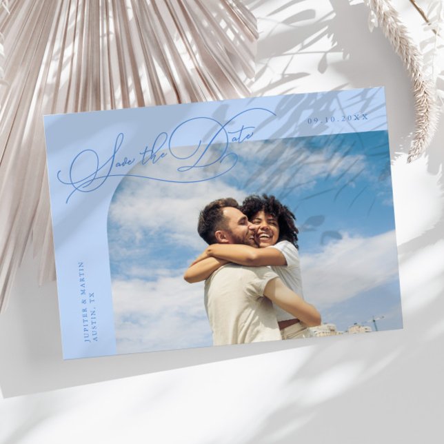Reserve A Data Elegante Moldura Curva Foto Azul Gélido Script I (Criador carregado)