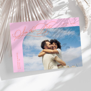 Reserve A Data Elegante Moldura Curva Foto Laranja Rosa Script