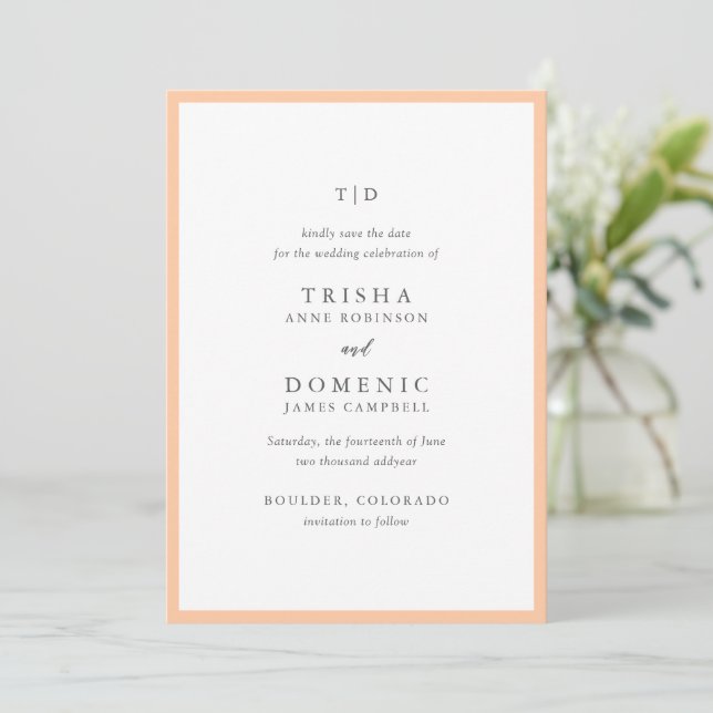 Reserve A Data Elegante Monograma de Pêssego Casamento Moderno (Em pé/Frente)