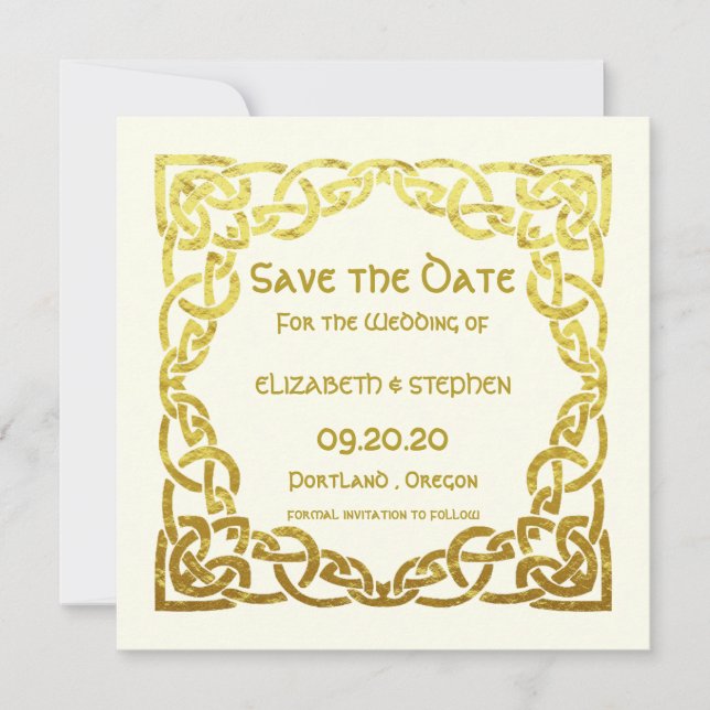 Reserve A Data Elegante Nó Celta de Casamento Marfim Falso Dourad (Frente)