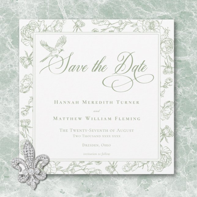 Reserve A Data Elegante Noiva com Crista e Pássaro em Chinoiserie (Elegant Green Chinoiserie Bird & Crest Wedding Save The Date)