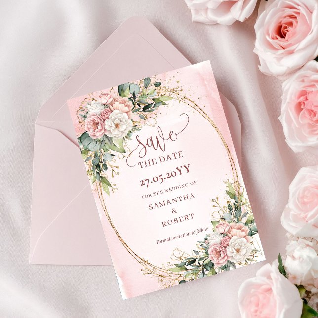 Reserve A Data Elegante Noivado Rosa Bege Boêmio Verde Save The D (Elegant Bohemian Blush Pink Greenery Save The Date)