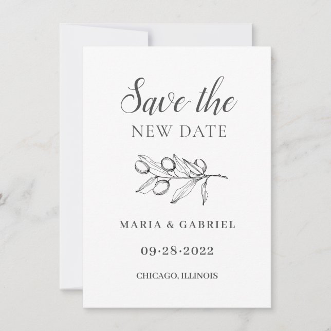 Reserve A Data Elegante Olive. Preto branco Mudança de Casamento (Frente)