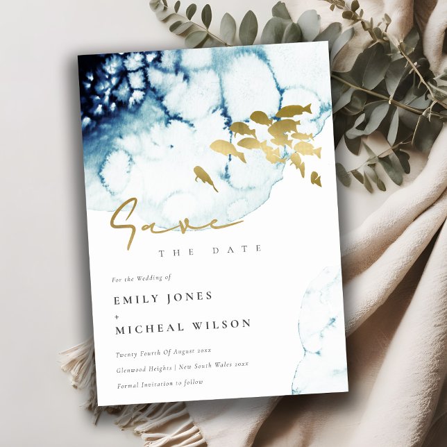 Reserve A Data Elegante Ouro Azul-Marinho Peixe Subaquático Aquar (Criador carregado)