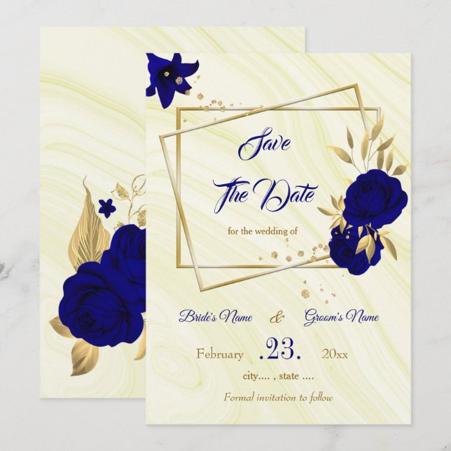 Reserve A Data elegante ouro azul-real floral salvar a data (Frente/Verso)