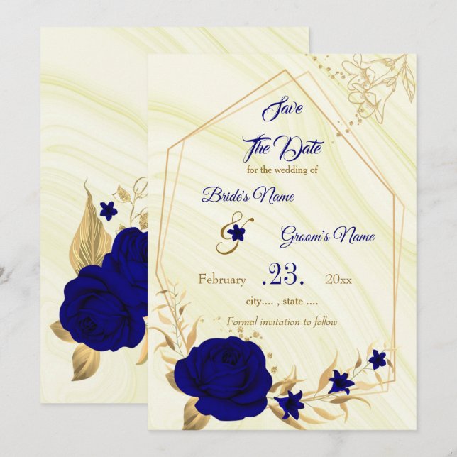 Reserve A Data elegante ouro azul-real floral salvar a data (Frente/Verso)