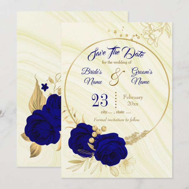 Reserve A Data elegante ouro azul-real floral salvar a data (Frente/Verso)