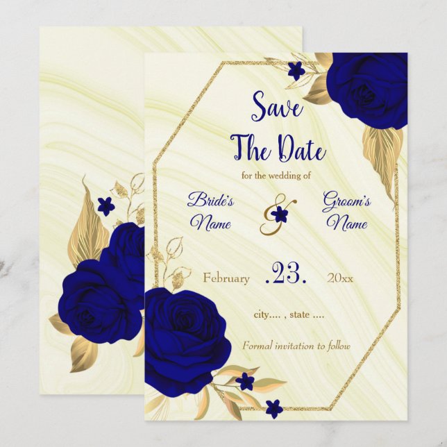 Reserve A Data elegante ouro azul-real floral salvar a data (Frente/Verso)