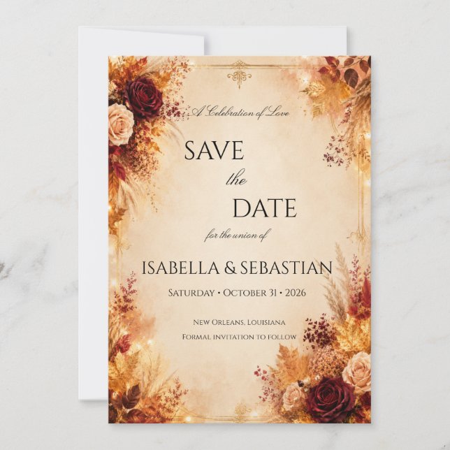 Reserve A Data Elegante Outono| Casamento Boho Rústico de Outono (Frente)