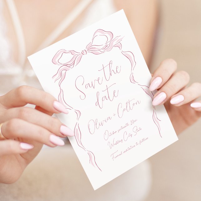 Reserve A Data Elegante Pastel Rosa Arco Desenho Da Mão Salvar A  (Elegant Pastel Pink Hand Drawn Bow Save The Date)