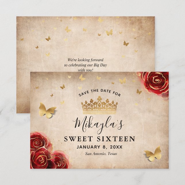 Reserve A Data Elegante Pergaminho Dourado Rosa Vermelho Vintage (Frente/Verso)