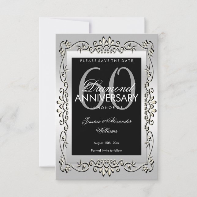 Reserve A Data Elegante Prata 60º Aniversário de Casamento Save T (Frente)
