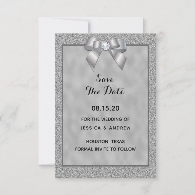 Reserve A Data Elegante Prata & Brilho Estiloso Casamento (Frente)