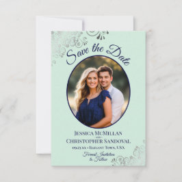 Reserve A Data Elegante Prata Mint e Oval Naval Foto Casamento
