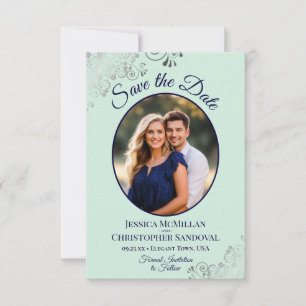 Reserve A Data Elegante Prata Mint e Oval Naval Foto Casamento