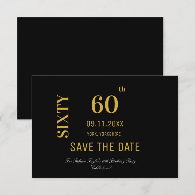 Reserve A Data Elegante Preto e Dourado 60º Aniversário (Frente/Verso)