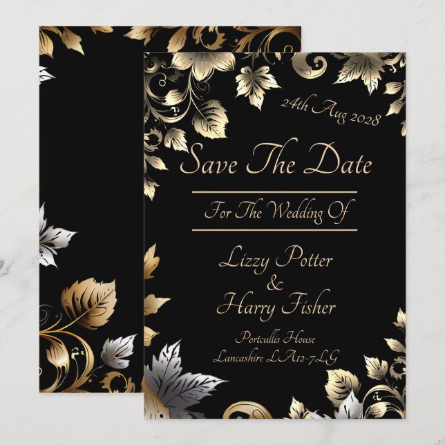 Reserve A Data Elegante Preto e Dourado Intervalo Floral (Frente/Verso)
