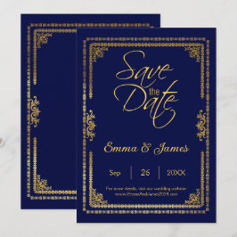 Reserve A Data Elegante Quadro de Casamento Azul Marinho e Dourad