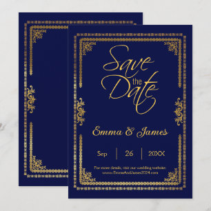 Reserve A Data Elegante Quadro de Casamento Azul Marinho e Dourad