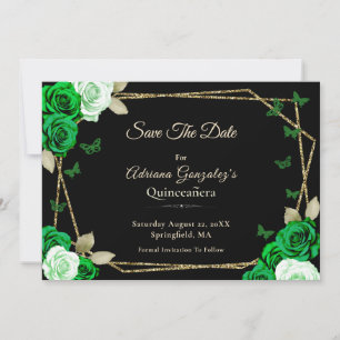 Reserve A Data Elegante Quinceanera Preto Dourado Rosas Verdes