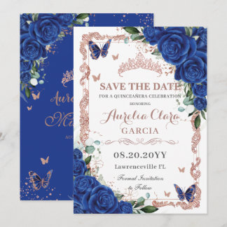 Reserve A Data Elegante Quinceañera Royal Blue Floral Rosa Dourad