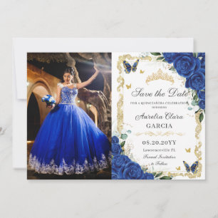 Reserve A Data Elegante Quinceañera Royal Blue Floral Vintage Dou
