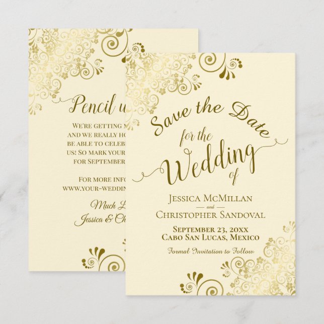 Reserve A Data Elegante Renda Dourada em Creme Marfim para Casame (Frente/Verso)