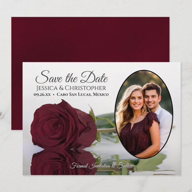Reserve A Data Elegante Rosa Borgonha com Casamento de Foto Oval (Frente/Verso)