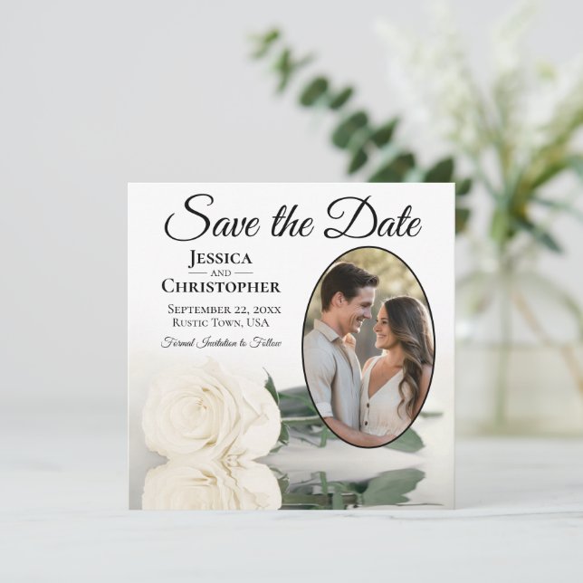 Reserve A Data Elegante Rosa Branca Marfim com Casamento de Foto  (Em pé/Frente)