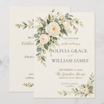 Elegante Rosa de Marfim e Folhagem Save the Date