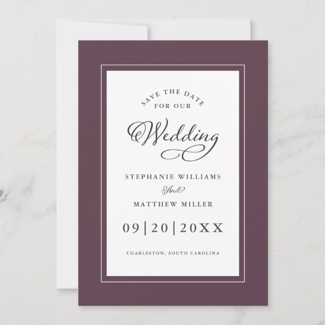 Reserve A Data Elegante Roxo Noivado Casamento Chic Caligrafia (Frente)