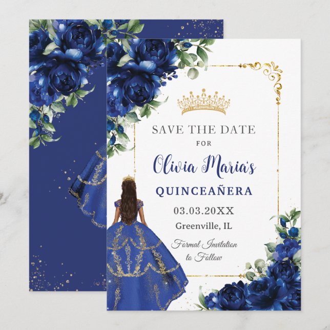 Reserve A Data Elegante Royal Blue Flowers Princesa Quinceañera (Frente/Verso)