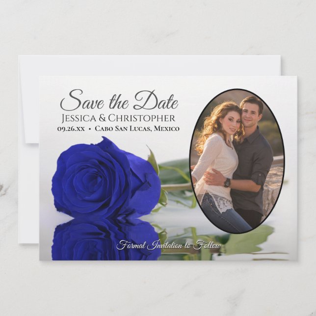 Reserve A Data Elegante Royal Blue Rosa com Casamento de Foto Ova (Frente)