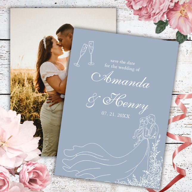 Reserve A Data Elegante Rustic Hand Desenhou Casal Azul Dusty Fot (Criador carregado)