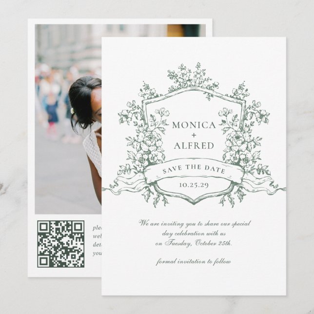 Reserve A Data Elegante Sage Green French Garden Wedding Código Q (Frente/Verso)