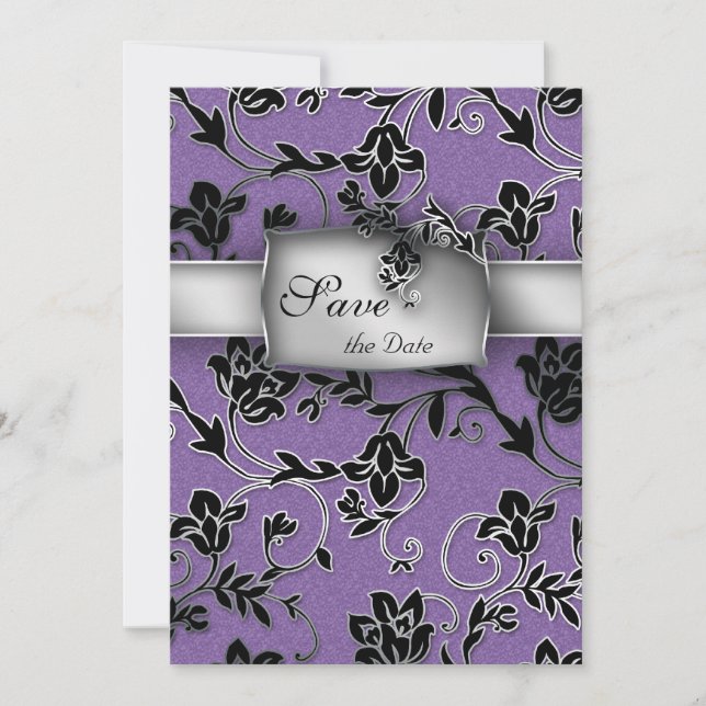 Reserve A Data Elegante Salve a placa de data Prata Floral Roxo (Frente)