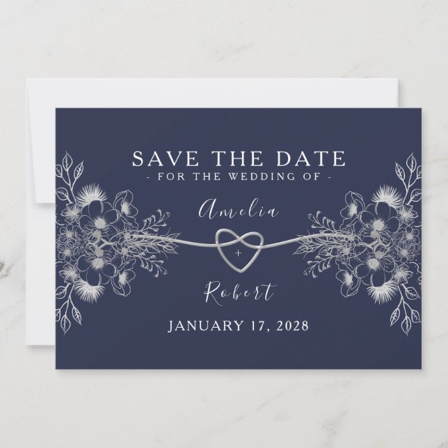 Reserve A Data Elegante Salve o Dia de Casamento Azul Marinho (Frente)