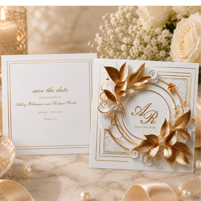 Reserve A Data Elegante Save the Date Botânico em Dourado (elegant opulent ivory gold foliage personalized wedding save the date cards)