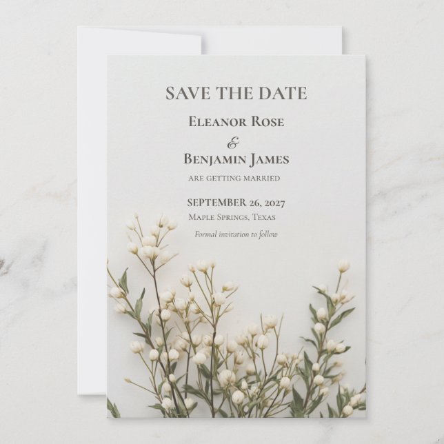 Reserve A Data Elegante Save the Date Botânico em Marfim (Frente)