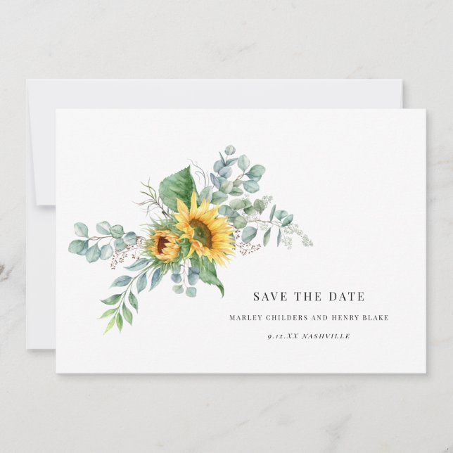 Reserve A Data Elegante Save the Date de Girassol em Aquarela (Frente)