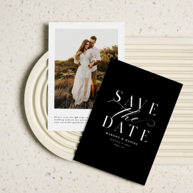 Reserve A Data Elegante Save The Date Preto e Branco Uma Foto QR (Criador carregado)