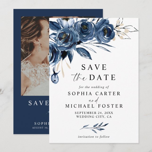 Reserve A Data Elegante Script Casamento Fotográfico Floral Azul  (Frente/Verso)