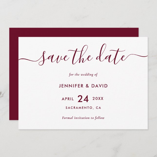 Reserve A Data Elegante Simples Burgundy Casamento Salve A Data (Frente/Verso)