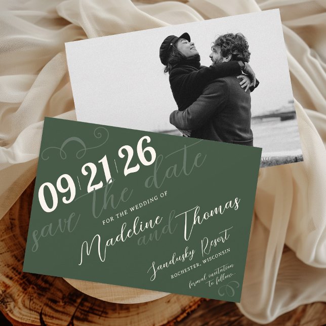 Reserve A Data Elegante Simples Rótulo Verde Sage Foto Casamento (Elegant simple modern swirl slant script dark sage olive green classic photo wedding save the date)