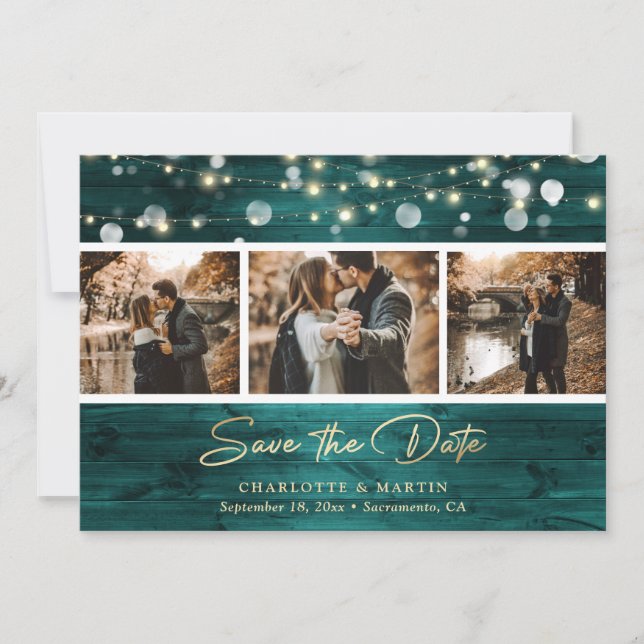 Reserve A Data Elegante Teal Gold Foil Wood Weding 3 Foto (Frente)
