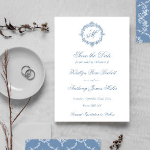 Reserve A Data Elegante Toile de Jouy Azul Vintage com Monograma 